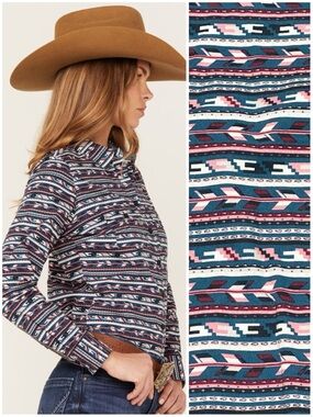 Rank 45 Women’s Heritage Riding Shirt Teal Western Print Long Sleeve Button Down